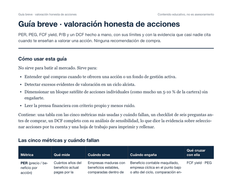 Primera página del PDF «Guía breve · valoración honesta de acciones»